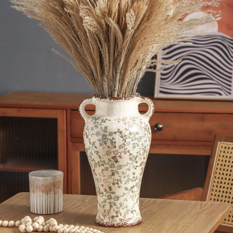 Enra Farmhouse Vintage vase with Handle 12.6 in Ceramic Chinoiserie Floral Vase Green and Beige Decorative Flower vase Large Rustic Vases for Home Decors  Living Room  Bookshelf  Office - Image 5